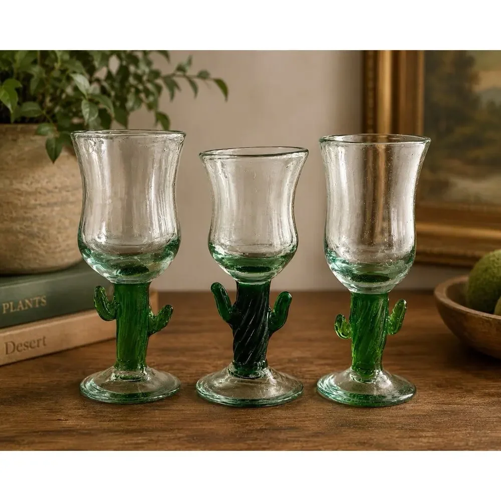 Vintage Hand Blown Glass Cactus Goblets Set of 3 Green Saguaro Mexican Style